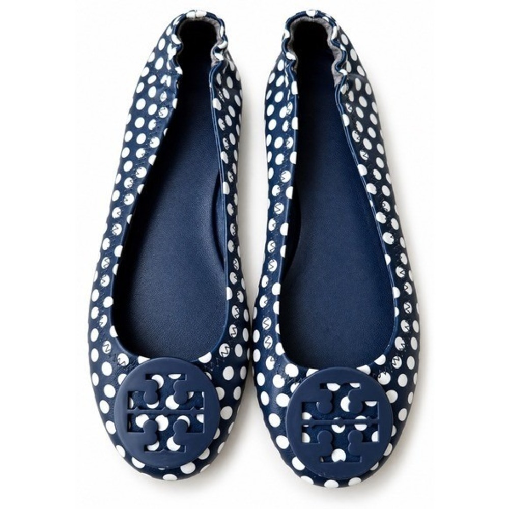 Tory Burch Reva Ballet Flats Women 5 Navy White Polka Dot Leather Logo Medallion